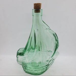 Vintage Ship Shaped Bottle Boat Shape Clear Glass Decanter Cork Stopper Cross